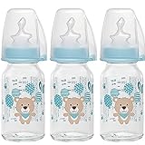 NIP Glas Babyflasche 3er Set, Sauger Silikon mit Anti-Kolik Ventil Größe S fein (Muttermilch, Tee/ab Geburt) Verschlußplättchen inkl.
