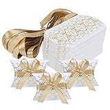 HSEAMALL 50 Stück Kissenschachtel Geschenkboxen Geschenkbox Kissen Form Süßigkeiten Box für Weihnachten Hochzeit Geburtstag Party Golddruck