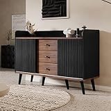Merax Kommode Holz, Modernen Sideboard mit Schiebetüren, Schrank mit 3 Schubladen, für Wohnzimmer, Esszimmer & Schlafzimmer, 117,5x39,5x80 cm, Schwarz und Dunkles H