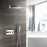 MZXUN Quadratisches Thermostat-Duschset, 30 cm, Kupfer-Duscharmatur, Sprüh-Duschsystem, 2 Modi, silberfarben, feste Duschköpfe
