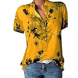 Darringls T-Shirt Damen V Ausschnitt Knopfleiste Sommer Shirt Blumen Kurzarm Damenblusen Bluse Modische Hemdbluse Elegant Tunika Tops Henley Sommershirts