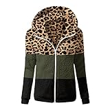 Damen Mantel mit Kapuze, warm, Lammwolle, Plüsch, dick, Leopardenmuster, voller Reißverschluss, Übergröße, Winterjacke, grün, 48