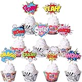 36 Stück Superheros Cupcake Toppers Wrappers Boom Pow Hero Geburtstag Tortendeko zum Feiern Kinder Helden Thema Baby Dusche Geburtstag Party Kuchen Dekorationen Zubehör