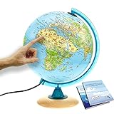 ORBIT GLOBES & MAPS - 25cm Globus mit Holzfuß, Deutsches Kartenbild von 2021 mit vielen Abbildungen für Kinder mit LED Leuchte mit Buch