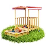 Kinder Spielhaus mit Sandkasten aus Holz mit Überdachung Sandkiste mit Veranda Gartenhaus mit Sonnenschutz Farbe Braun ca. 116x113x137 cm