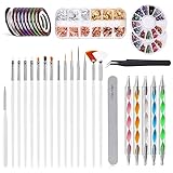 Nail Art Pinsel Set, ABsuper Gelnägel Nageldesign Zubehör,15 Stücke Nagel Pinsel Weiß,5 Dotted Pen,12 Töpfe Folienaufkleber,10 Maniküre Tapes,Strasssteine Nägel,Pailletten für Nagelkunst Maniküre Set