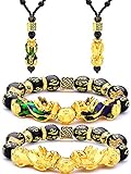 4 Stücke Feng Shui Pi Xiu Pi Yao Armband Halskette Set, Verstellbare Feng Shui Glücklich Nafu Wealth Halsketten Schwarz Perlen Armband mit Handgeschnitzten Amulett Perlen für Männer Frauen ()