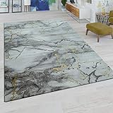 Paco Home Kurzflor Wohnzimmer Teppich Modern Marmor Design Abstraktes Muster Grau Gold, Grösse:160x230 cm