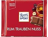 Ritter Sport Rum Trauben Nuss (12 x 100 g), Vollmilchschokolade mit echtem Jamaika-Rum, fruchtigen Trauben und Nussstückchen, Schokolade mit Rum-Aroma