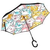 Doppellagiger umgekehrter Regenschirm, umgekehrter Klappschirm für Auto mit C-förmigem Griff, winddicht, UV-Schutz, niedliche Katzen, lustiger Tier, großer Regenschirm für Damen und Herren