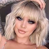 Perücke Blond mit Pony für Damen kurz Bob Locken Gewellte Perücken Synthetische Perucken wie Echthaar für Mädchen Tägliche Anwendung Wig (ca.27cm ombre blond) VD069M