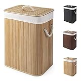 Virklyee Wäschekorb aus Bambus 60L Faltbar Wäschebox Wäschetonne mit Herausnehmbaren Wäschesack Tragegriff Wäschesortierer Wäschetruhe Wäschesammler mit Deckel(Holzfarbe)