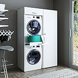 ROOMART, Schrankwand, Trockner auf Waschmaschine, 127 cm breit, Waschturm, Waschmachinenregal (3 Einlegeböden, Weiß)