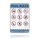 GLOBLELAND Aufschrift Pool Rules Swim at Your Own Risk No Exceptions Unterzeichnen Sie 20x30 cm 0.9 mm Aluminium Warnschild, UV geschützt und wasserdicht