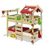 Wickey Etagenbett Crazy Ivy Spielbett für 2 Kinder Hochbett mit Dach, Kletterleiter und Lattenboden, rot-apfelgrün, 90x200 cm