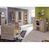 Babyzimmer Komplett-Set in Eiche mit graphit, inkl. Gitterbett, Bettseiten, Bettschubkasten, Hochkommode, Kleiderschrank, Garderobenstange, Standregal, Wickelkommode, Unterschrank Regale, Wandb