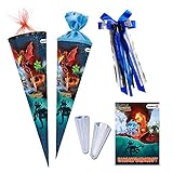 Nestler Schultüten-Set zum Befüllen, Handgemachte Zuckertüte aus Karton - Motiv Schleich Eldrador inkl. Spitzenschutz, Schleife (85 cm 6-eckig mit Heft)