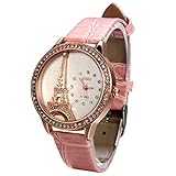 JewelryWe Damen Armbanduhr, Analog Quarz, Exquisite Leder Armband Uhr mit Strass Eiffelturm Zifferblatt, Pink