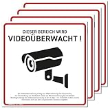 HAGEFOL® Schild Videoüberwachung, 4er Set, (15x15 cm - klein) mit DSGVO Hinweis, Kamera Warnhinweis für Überwachungskamera oder Kamera Attrappe (Hartschaum Weiß)