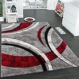 Paco Home Teppich Kurzflor Konturenschnitt Muster Gestreift Grau Schwarz Rot Meliert, Grösse:120x170 cm