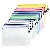 Fousenuk 12 Pcs Dokumententasche mit Reißverschluss A4, Wasserdichte Document Case, Mesh Plastic Zip Bag, Reißverschlusstasche, Zipper Pockets für Datei,Papier, Quittungen, Kosmetika, 5 Farb