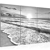 Runa Art Sonnenuntergang Strand Bild Wandbilder Wohnzimmer XXL Schwarz Weiss Panorama 120 x 80 cm 3 Teilig 023731c