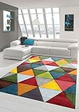 Teppich-Traum Moderner Teppich Wohnzimmer abstraktes Design buntes Dreieckmuster rot grün orange bunt - pflegeleicht Größe 140x200 cm