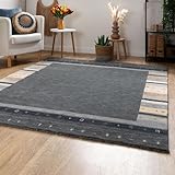 Steffensmeier Gabbeh Teppich Zagros | Wolle, Bordüre Grau Beige, Größe: 170x240 cm Kurzflor Teppich für Wohnzimmer, Ethno Look