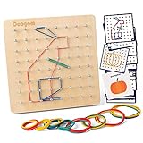 Coogam Hölz Geoboard mit Aktivitäts Muster Karten und Gummi Bändern - 8 x 8 Stifte Geometriebrett Montessori Form Puzzle Brett Inspirieren die Phantasie und Kreativität des Kindes
