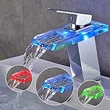 BONADE LED Wasserhahn bad Waschbecken mit RGB 3 Farbewechsel Beleuchtung Wasserfall Auslauf Waschtischarmatur Einhandmischer aus Glas Mischer Spüle Waschtisch Einhebelmischer für Badezimmer