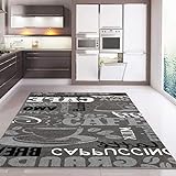 VIMODA Küchenteppich Grau Trendiger Kaffee Teppich, Verschiedene Schriftarten und Muster Kaffee, Maße:120 x 170 cm