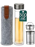 Teeflasche mit Sieb to go - Auslaufsicher - Doppelwandig - 500 ml Glas Trinkflasche inkl. Filztasche