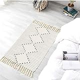 Yugarlibi Baumwoll Teppich, Bedruckte Moderne Handgewebt Teppiche Läufer mit Quasten, Waschbar Teppiche für Schlafzimmer Wohnzimmer Küche, Weiß, 60 x 90 cm