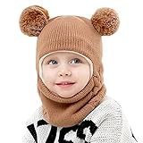 Kids Winter Hat Cap Scarf Set, Soft Knitted Beanie Hat Scarf Earflap,Thick Fleece Lined Warm Hood Caps with Pompoms for Girls Boys