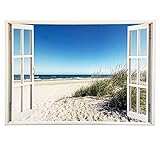 Leinwandbild mit Fensterblick - Druck auf Canvas Leinwand - moderner Kunstdruck - XXL Wandbild – Fenster mit Ausblick - Keilrahmen mit Druck (Ostsee Strand, 60 x 40 cm)