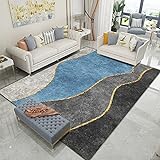 CXYKN Teppich für kleine Flächen, weiche Teppiche, Rutschfester Eingangsbereich, Fußmatten für den Hauseingang, Flur, Esstisch, Blaue graue Goldlinien, grau, 80 x 120 cm