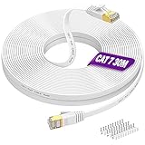 30m Cat 7 Lan Kabel Weiß 30 Meter Flach Netzwerkkabel Hochgeschwindigkeits 10Gbit/s Gigabit Ethernet Kabel, Weiss RJ45 Internet Patchkabel, 30 kostenlose Kabelklemmen