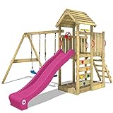 WICKEY Spielturm Klettergerüst MultiFlyer Holzdach mit Schaukel & violetter Rutsche, Garten Kletterturm für Kinder mit Holzdach, Sandkasten, Leiter & Spiel-Zubehör