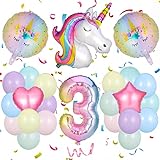 ruggito 25 Stück Geburtstagsdeko Mädchen, 3 Jahr Luftballons Nummer Folienballon Set, 3D Riesige Einhorn Ballons, Einhorn Partyzubehör Für Mädchen Geburtstagsparty Dekoration
