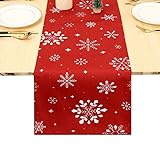 HAUSPROFI Tischläufer Weihnachten Rot Tischdecke Abwaschbar Wasserabweisend Tischwäsche Lotuseffekt Tischtuch mit Schneeflockendruck Doppelseitiger Tischläufer für Party Abendessen Dekor, 33 x 137cm