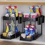 AIXPI Küchen Organizer 2 Etagen, Unter Waschbecken Regal mit Haken und Tasse Gewürzregal Spülschrank Organizer Küchenregal Schrank Organizer für Badezimmer Küche Schwarz 2 S