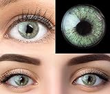 GLAMLENS Keira Green Grün + Behälter | Sehr stark deckende natürliche grüne Kontaktlinsen farbig | farbige Monatslinsen aus Silikon Hydrogel | 1 Paar (2 Stück) | DIA 14.20 | Ohne Stärke