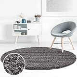 Hochflor Teppich Shaggy Einfarbig Anthrazit - 120x120 cm Rund - Flauschig & Weich - Wohnzimmerteppiche - Langflorteppich Schlafzimmer Uni Modern