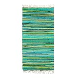 Relaxdays Flickenteppich 70 x 140 cm mit Fransen aus Polyester und Baumwolle, mehrfarbig, Fleckerlteppich, grün