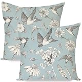 HERHOME Dekorative Kissenbezüge mit Vintage-Blumenmuster, 45,7 x 45,7 cm, 2 Stück, Blume, Vogel, Blau, für den Außenbereich, rustikales Bauernhaus, Frühlingssommer-Dekor, Kissenhülle, Dekoration fü