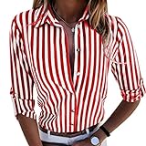 Heiß Herbst Hemd Damen Hevoiok Langarmshirt Mode Lose Taste Gestreift Hemdbluse Oberteile Langarm Bluse T-Shirt Tops (Multicolor, L)