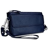 YALUXE Handtasche Damen Echtleder Smartphone Wristlet Crossbody Kupplungtasche mit RFID-Kartenschlitzen Blau