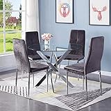 GOLDFAN Esstisch mit 4 Stühlen Esstisch Rund Glas Moderner Küchentisch Esszimmerstuhl aus Samt Küchenstuhl, Grau