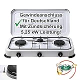 Campingkocher Gaskocher 3 flammig mit Zündsicherung mit Gas-Schlauch und Gasregler mit 360°-Manometer Gas Füllstandsanzeige und Schlauchbruchsicherung 2 4