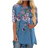 Damen T-Shirt Sommer Kurzarm Schmetterlingsdruck Drucken Rundhals Oberteile Casual Lose Bluse Shirt Elegant Sommerbluse Bluse Laufshirt (Blau,S)